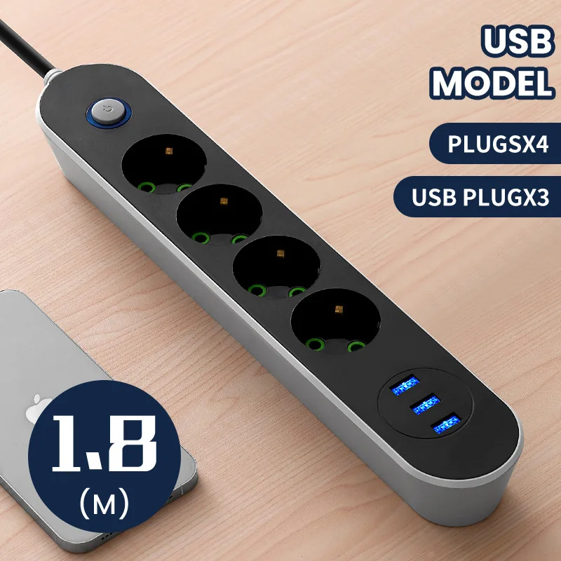 2500W EU Plug AC Outlet Multiprise Power Strip 2m Extension Cord Electrical Socket Network Filter With USB Ports Fast Charging