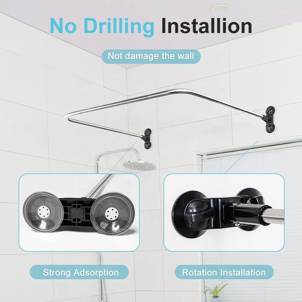BAOYOUNI No Drilling Metal Bathroom U Shaped Shower Rod Wall Mounted Corner Bath Curtain Rail for Bathtub