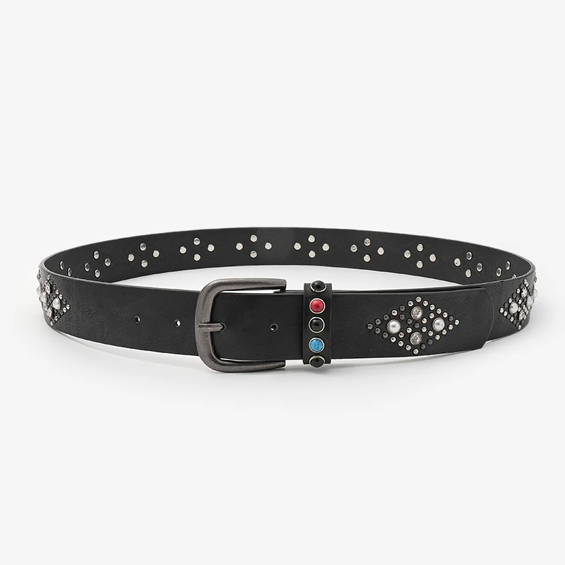 New Arrival Ladies Western Style Wide Jeans Belt Cow Hide Studded Designer Belt with Cool Alloy Buckle Hot Selling for Women