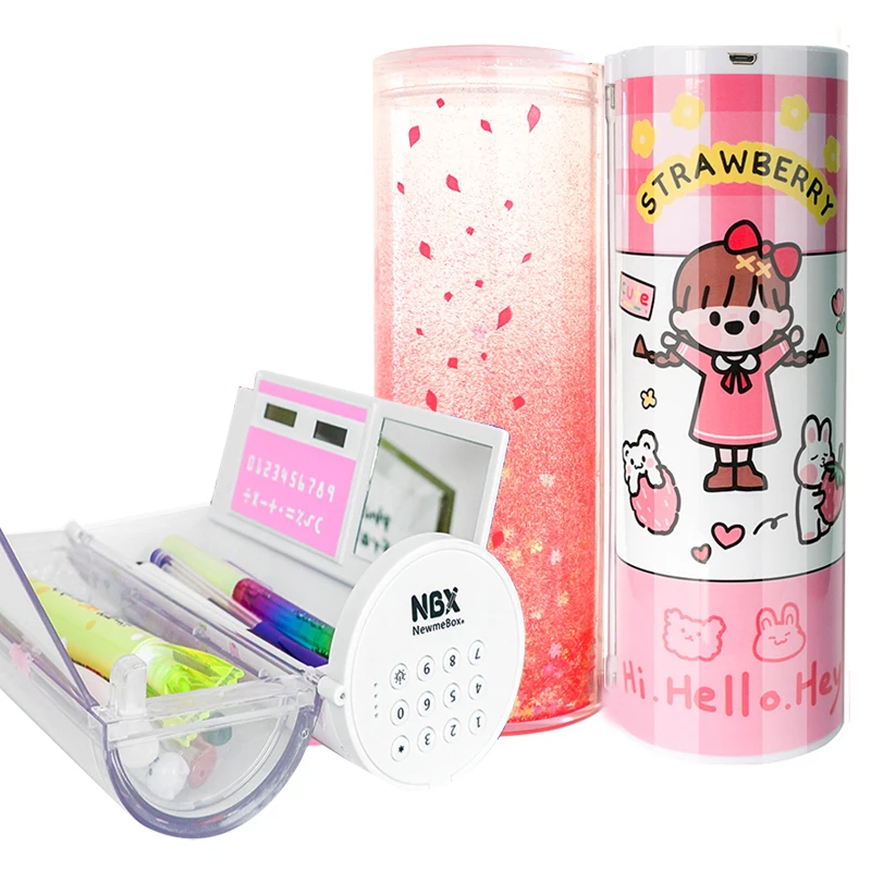 
Glitter Pink Quicksand Password Pencil Box With Calculator School Plastic Large Capacity Pencil Case For Girls 