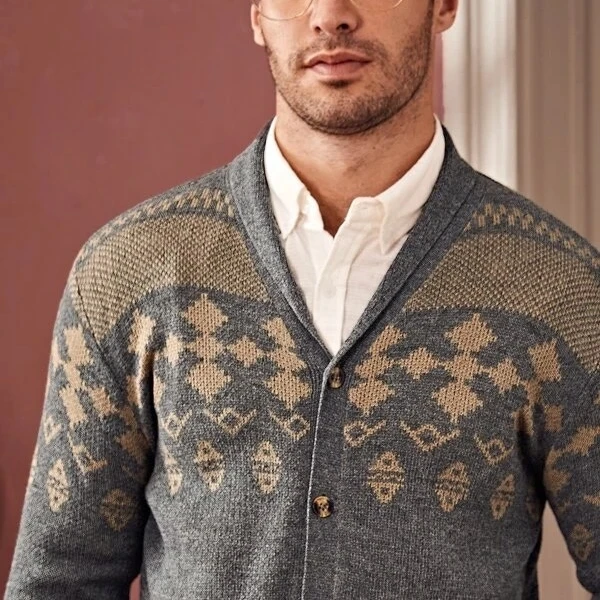 
Jacquard Knitwear Winter Knitted Striped Custom Mens Shawl Collar Cardigan Sweater 