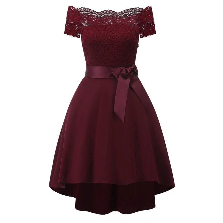 China Suzhou Cheap Women Off Shoulder Short Lace Maroon Bridesmaid Dress under 20