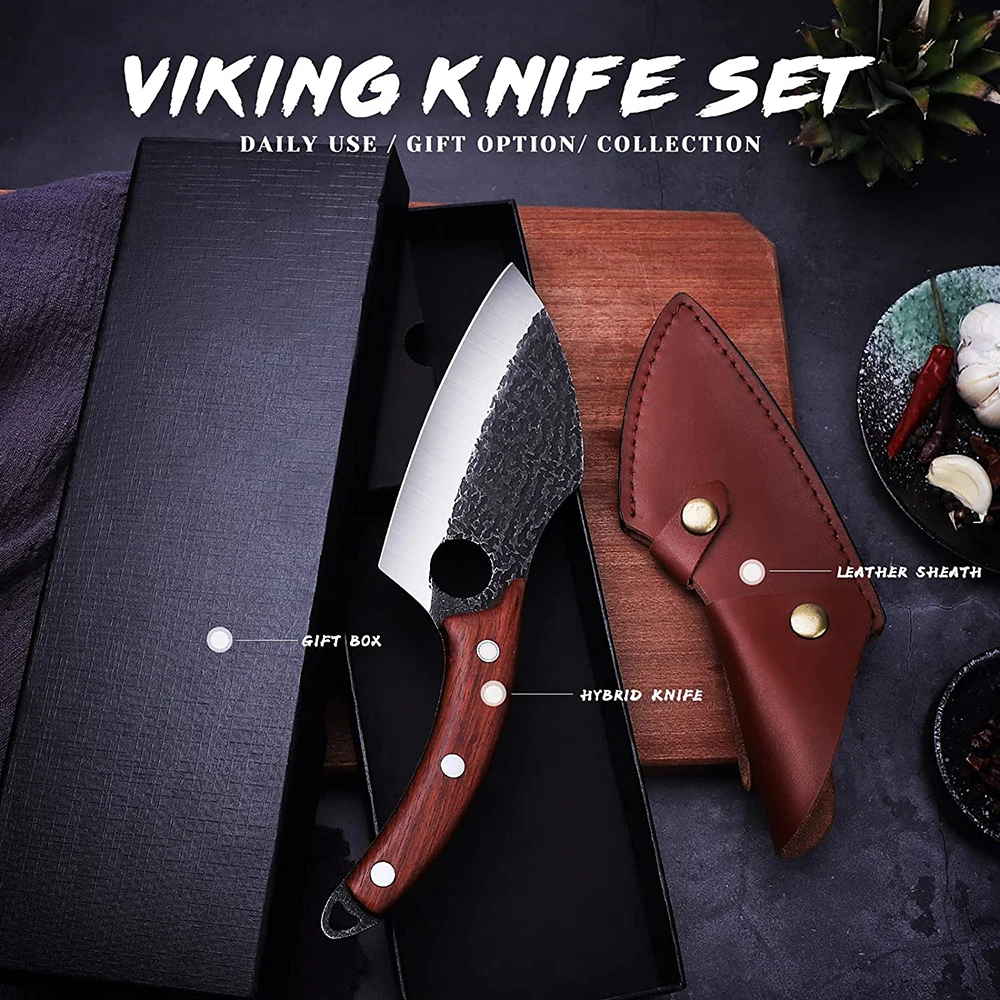 High Quality Wholesale Price Bone Knife Wooden Handle Nonstick Stainless Steel Butcher Bone Knife Set with PU Sheath