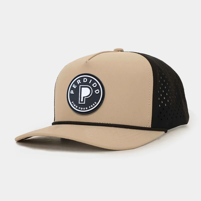 Wholesale Sports Polyester Gorras Rubber Logo Waterproof Hat Laser Cut Hole 5 Panel Fun Hat for Golfing Rope Curved Baseball Cap