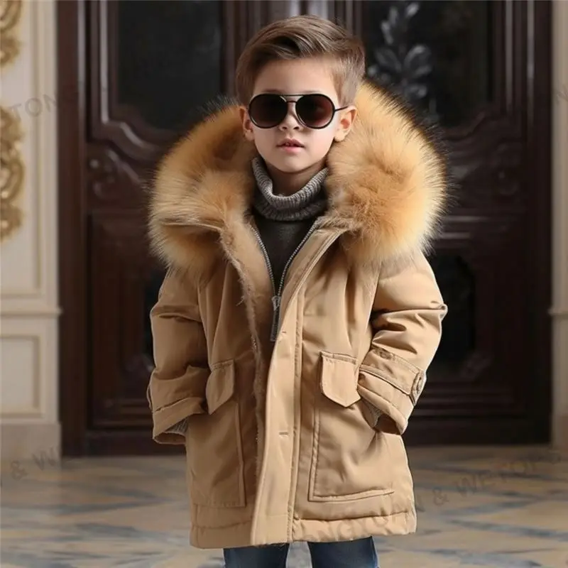 Custom Apparel 2023 Hot Sale Warm Trench Coat Children Hooded Kids Real Fur Winter Coats