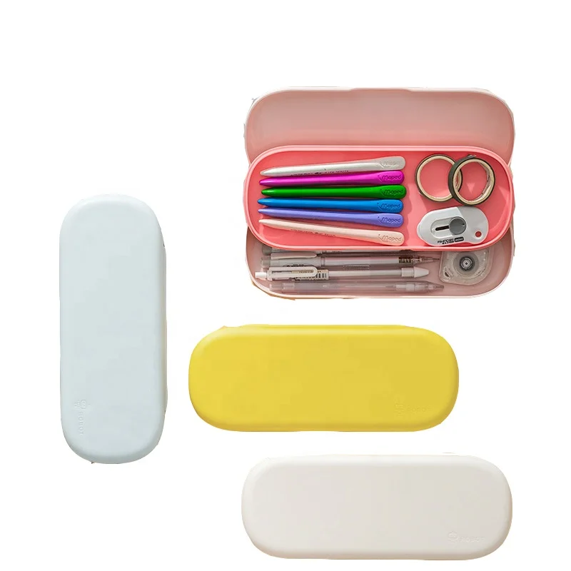 School Office Supplies Simple Solid Color Blank Design Large Capacity Plastic Pencil Case Double Layer Stationery Pen Box