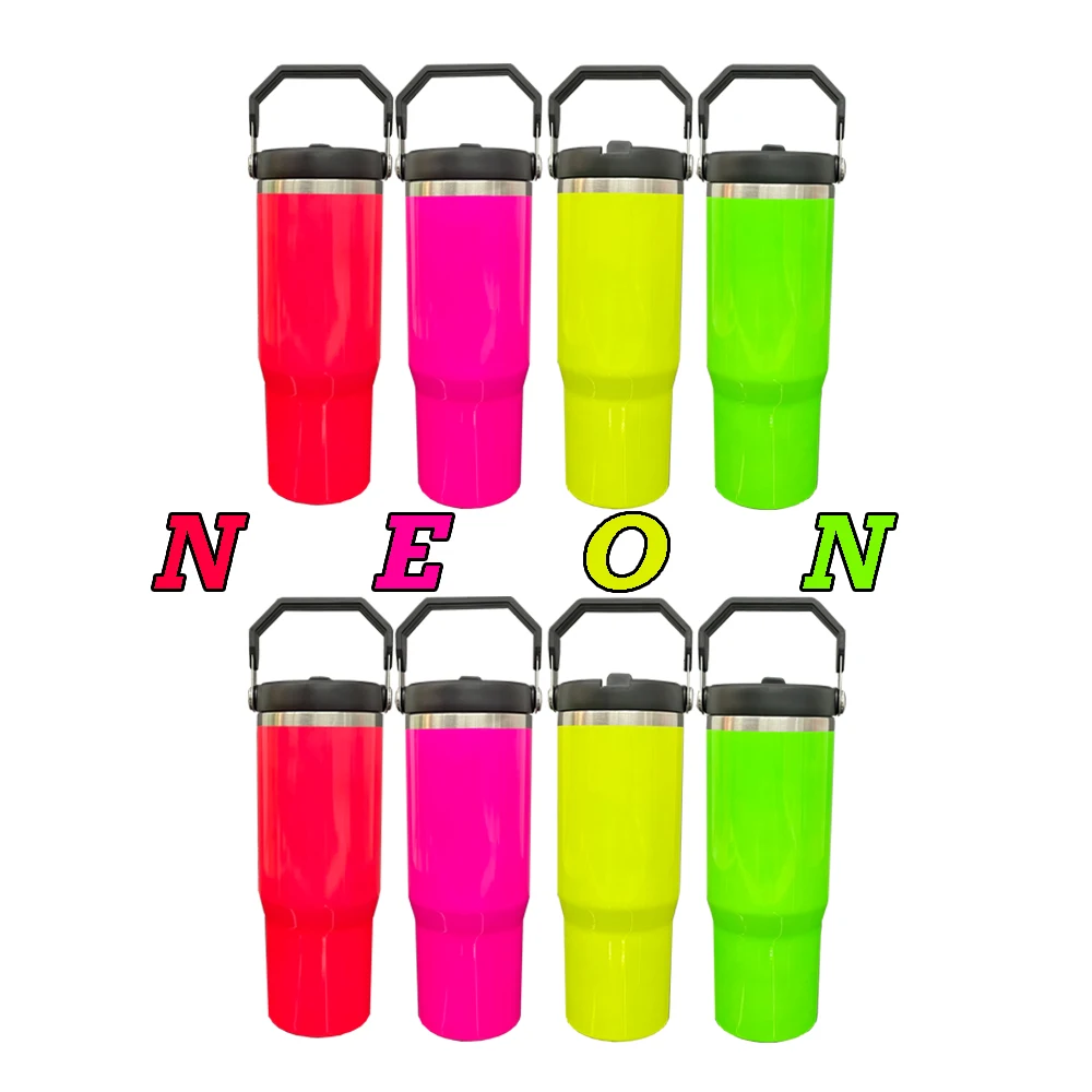 New Arrival Neon 30Oz Insulated Sublimation Tumbler With Swing Handle Lid Stainless Steel 30 Oz Sublimation Flip Straw Tumbler