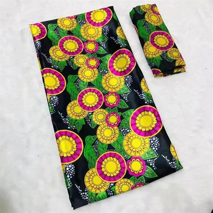 African Silk Wax Fabric Digital Printing Satin African Veritable Wax Fabric For Dress African Wax Silk Fabric With Chiffon Set F