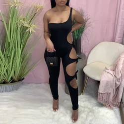 H6866 - fashion bodycon sleeveless one shoulder solid hollow out women jumpsuit
