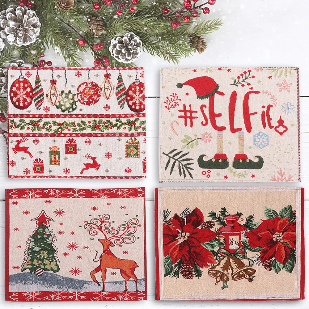 Forest Reindeer Vintage Christmas Eve White Snowflakes Holiday Season Decorative Woven Tapestry Placemats Christmas Table Mat