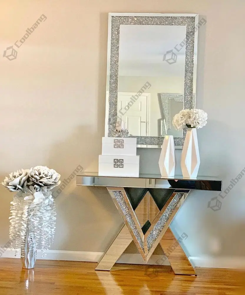 
Hot sales crushed diamond sparkly silver decoration mirrored console table 
