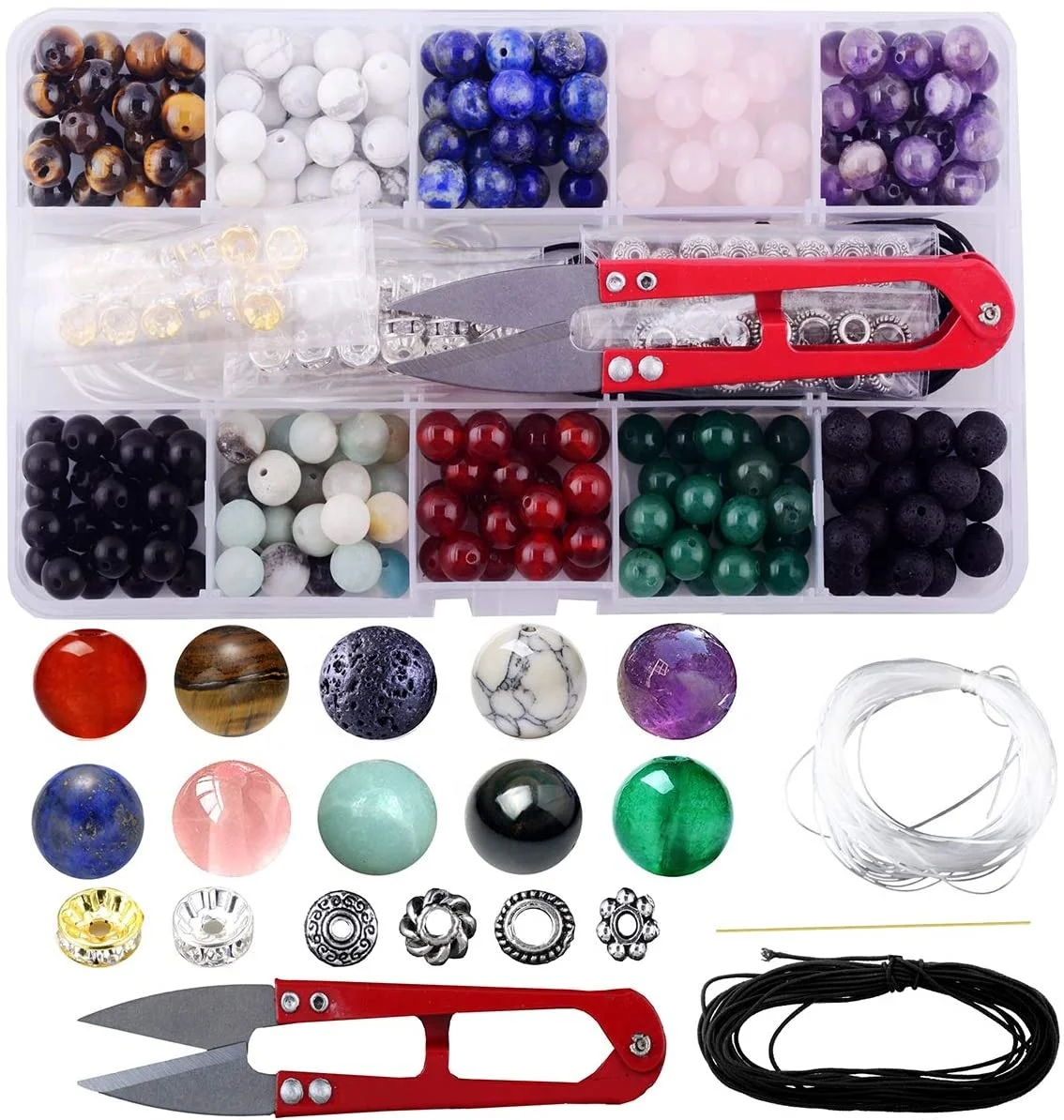 Stone Beads Box Set Kits 240pcs Round Loose Gemstone Natural Amethyst Lava Stone Color Accessories Tools Bracelet Jewelry Making