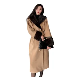 Elegant Winter Mink Fur Collar Cuffs Alpaca Coat Double Sides Long Wool Cashmere Coats Women with Belt