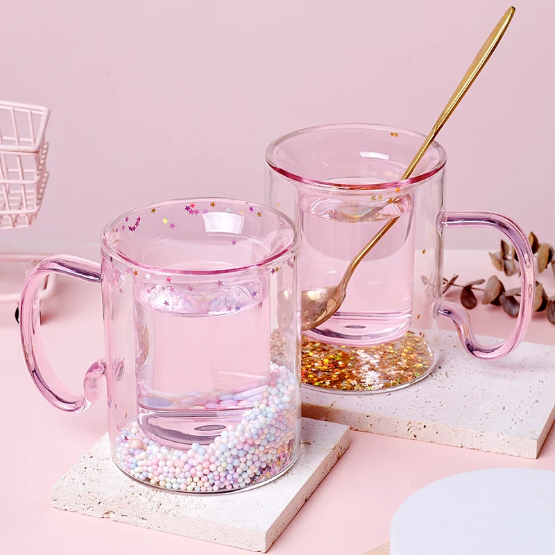 180ml Japan and South Korea romance style quicksand double hot water glass cup heat-resistant with handle for drinking