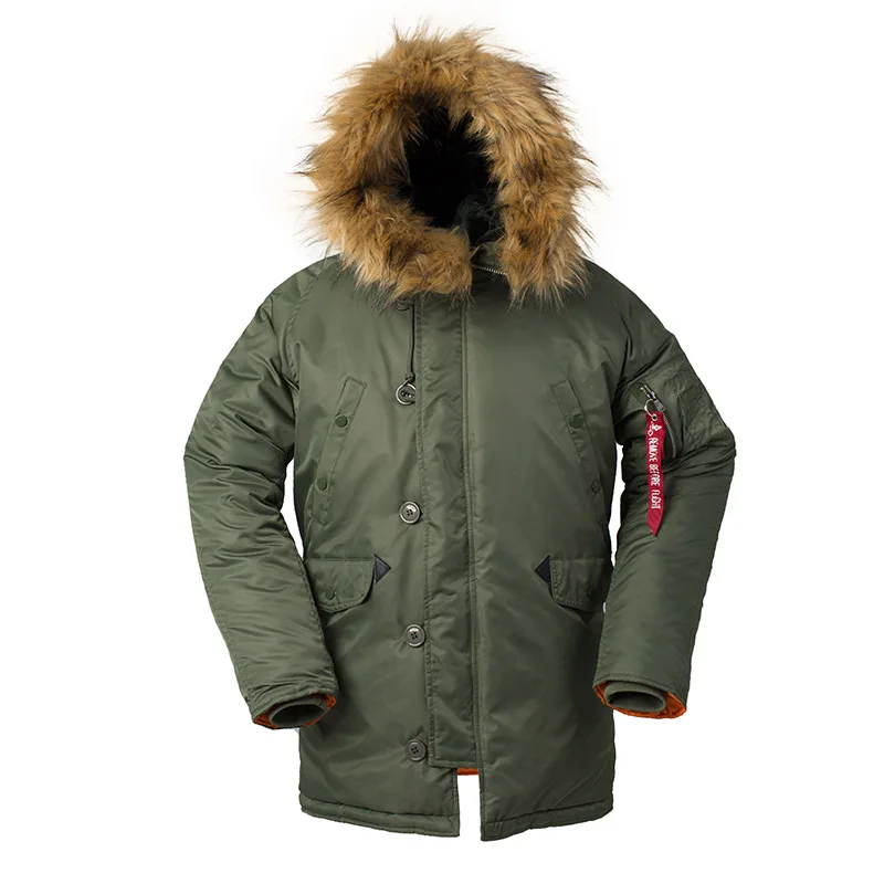 Polyester Fabric Windbreaker Winter Warm Wear Fur Hooded Thick Military Style Coat Men Jacket