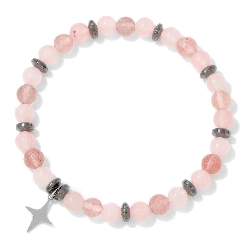 New Design 8mm Strawberry Crystal Stone Beaded Bracelet for Unisex Fashion Style with Star Elastic Natural Onyx Stone Bracelet