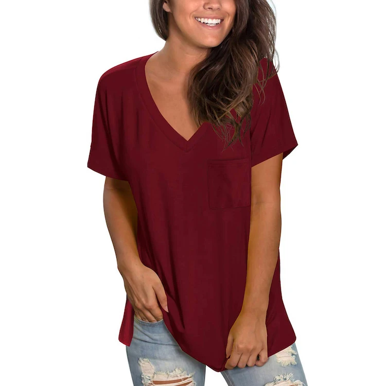 Летние женские полиэстер футболка с v-образным вырезом на каждый день короткий рукав плюс размер для девочек Однотонная футболка оптом