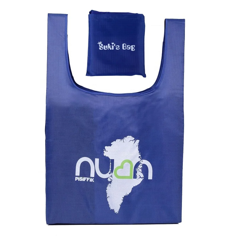 High quality 210D ribstop polyester foldable reusable shopping bag with pouch