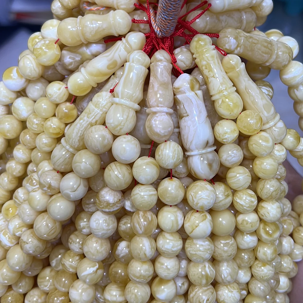 Natural Amber Jewelry Russian Amber High Quality Tiger Skin Pattern White Amber 10-14mm Complete Muslim prayer beads with Imam