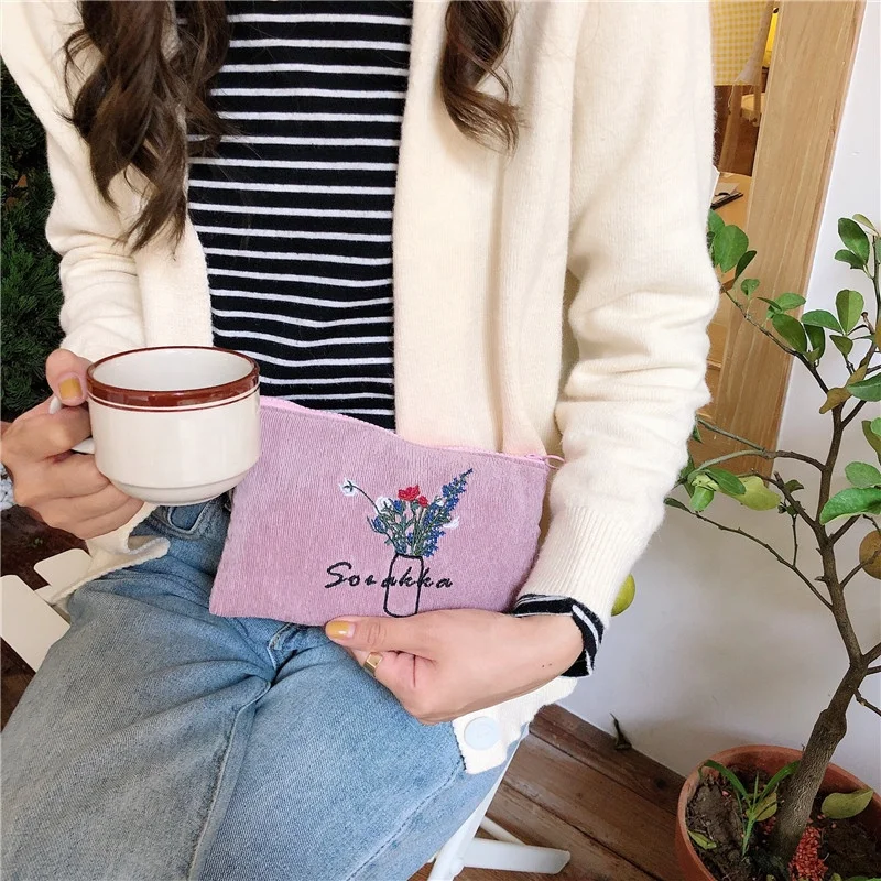 Corduroy embroidery zipper coin purse change purses for lady