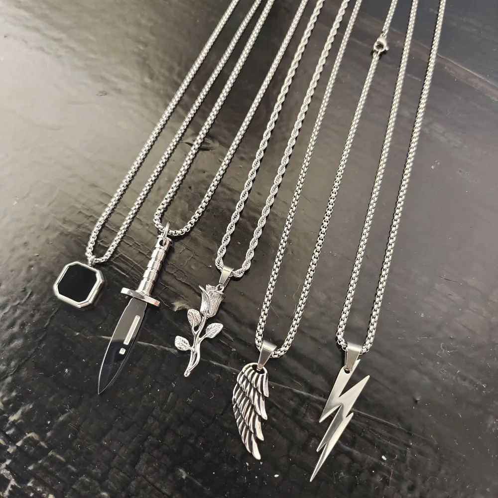 VAF 24 Inch SILVER Pendant Collection Dagger Lightning Wings Compass Rose Flower Pendant Necklace 316L Stainless Steel Necklace