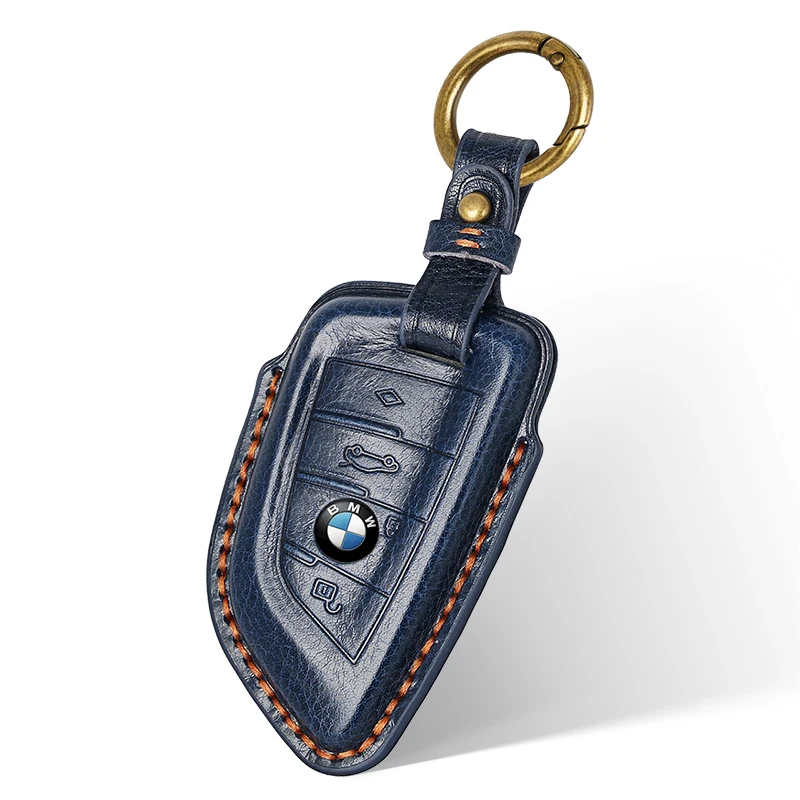 Car Key Case Genuine Leather Protector with Keychain Smart Remote key Fob Cover Case Key Holder for BMW