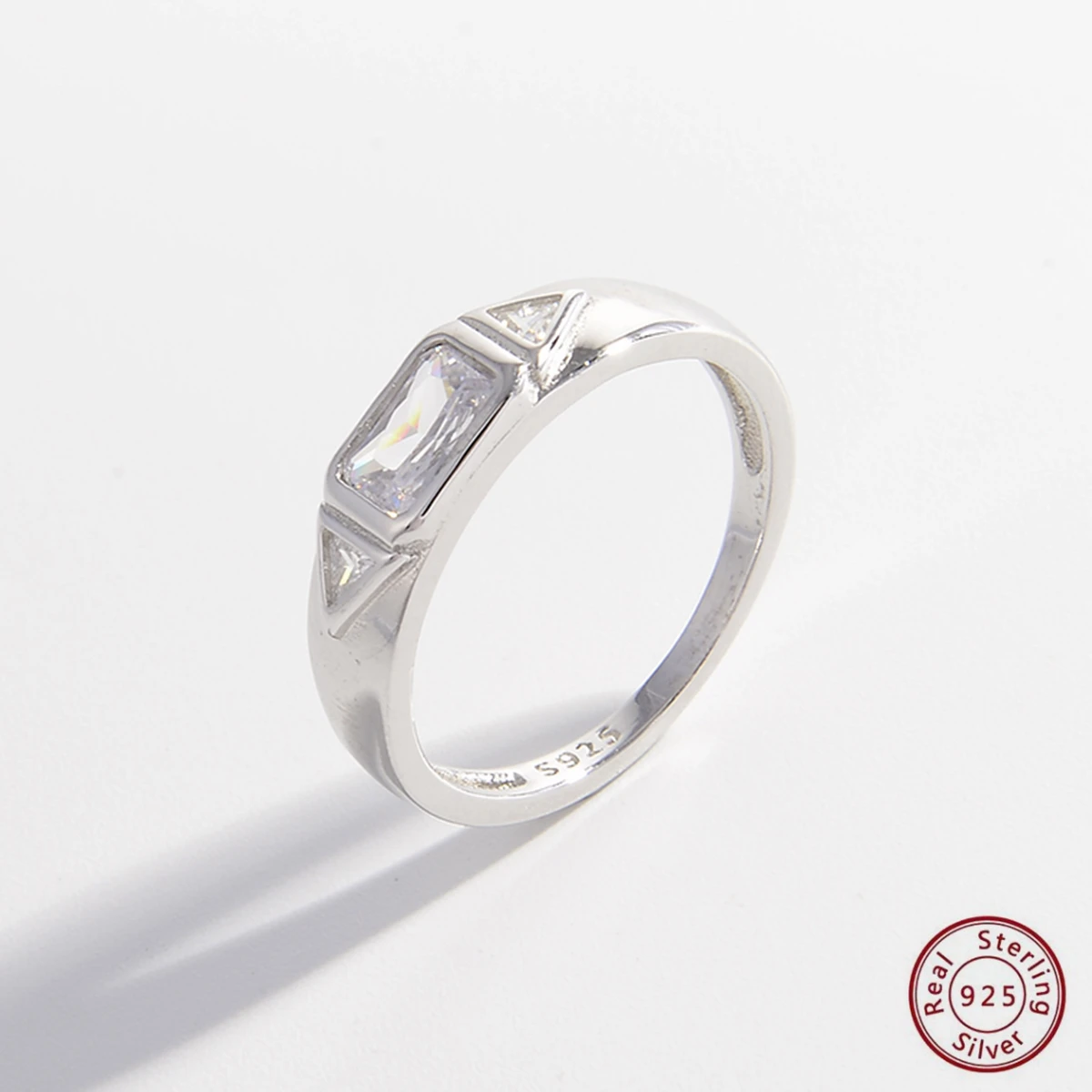 Non Tarnish 925 Sterling Silver Crystal Rectangular Triangle Ring Engagement Women CZ Stone Finger Ring