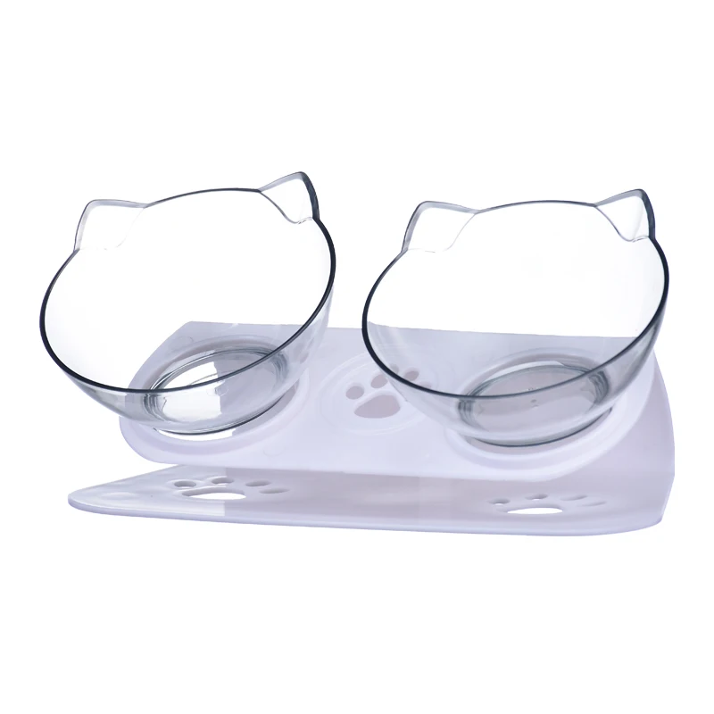 Cat Shape Double Transparent Plastic Bowl Elevated Pet Feeding Bowl for Cats and Small Dogs