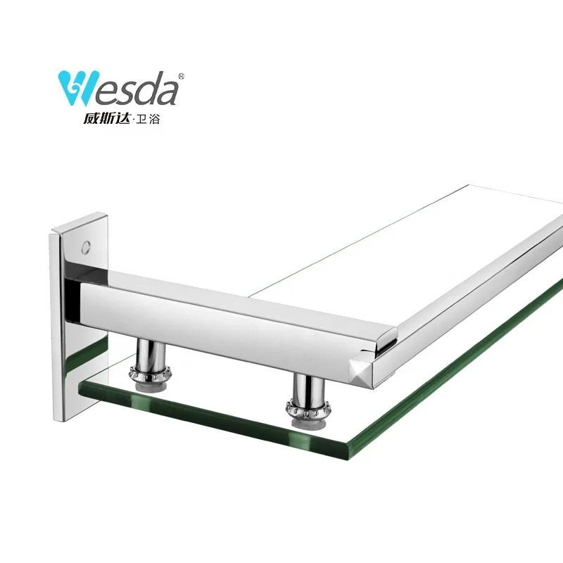 WESDA Salon Stainless Steel Brackets Wall Mount Tempered Glass Towel Rack Rectangular Floating Shelves Bathroom Glass Shelf