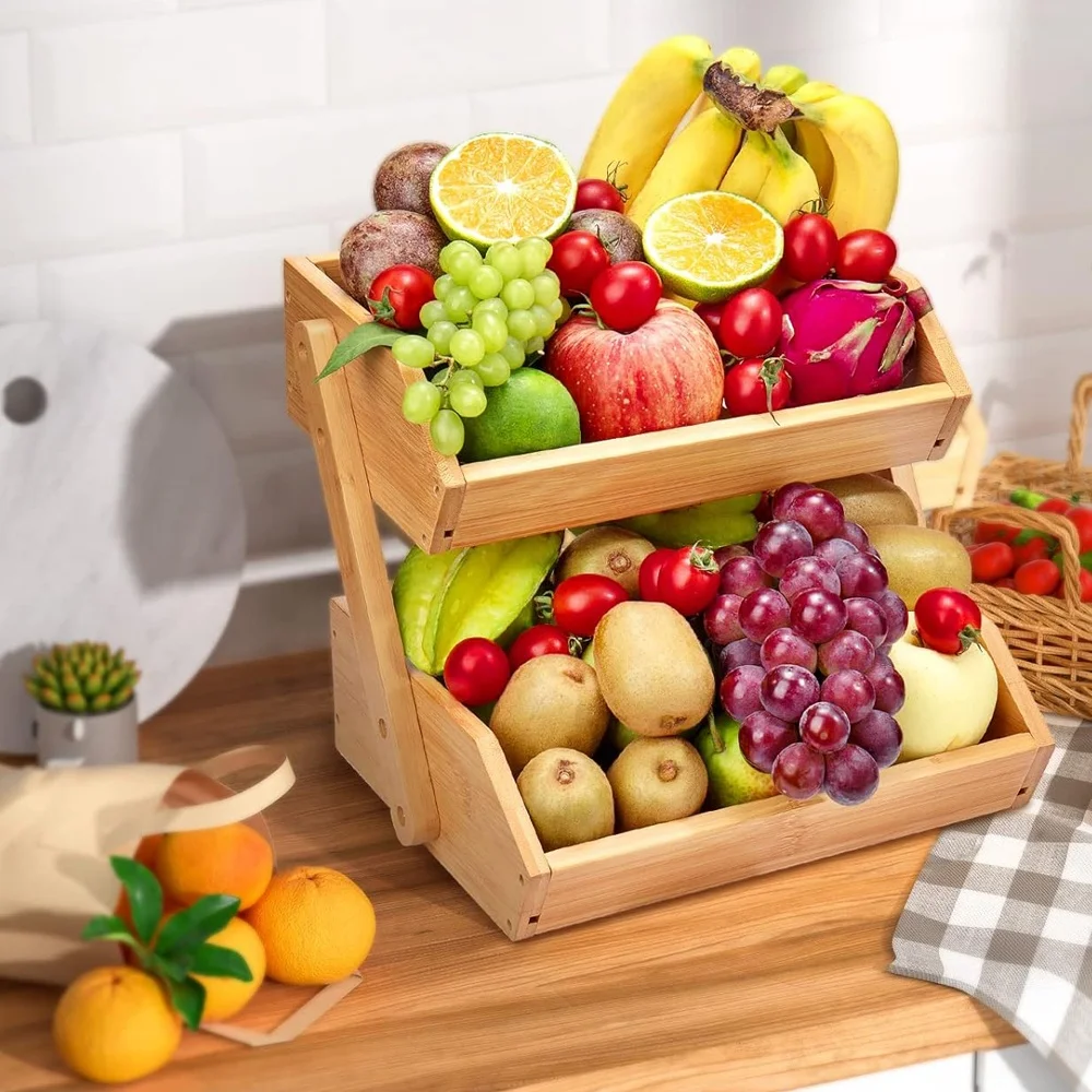 Large Bamboo Fruit Basket 2-Tier Fruit stand storage holder  fruit bowl for Kitchen Counter Kitchen Countertop Organizer