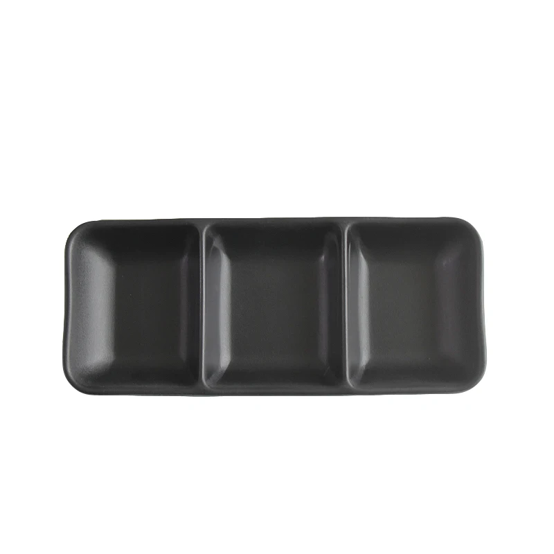 Factory sauce dish black plastic 3 section dishes dipping sauce container for tableware