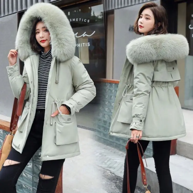 Ladies Velvet Liner Thicken Hooded Parka Women Slim With Big Fur Collar Outerwear Autumn Winter Jacket Women