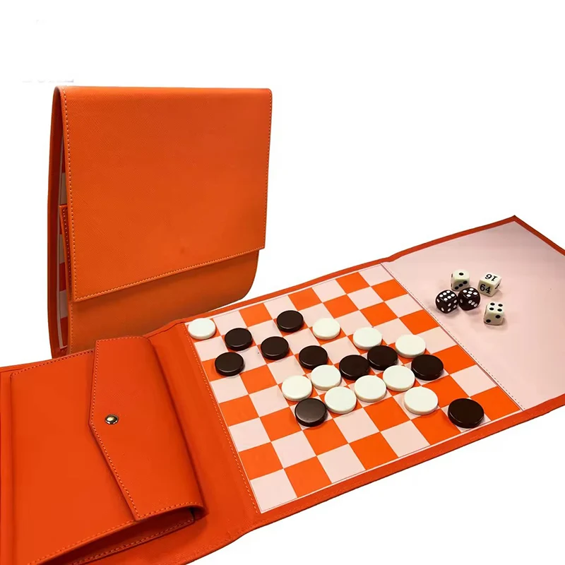 Custom Travel Portable Chess Set Backgammon Roll Up Leather Chess Boards checker pieces set