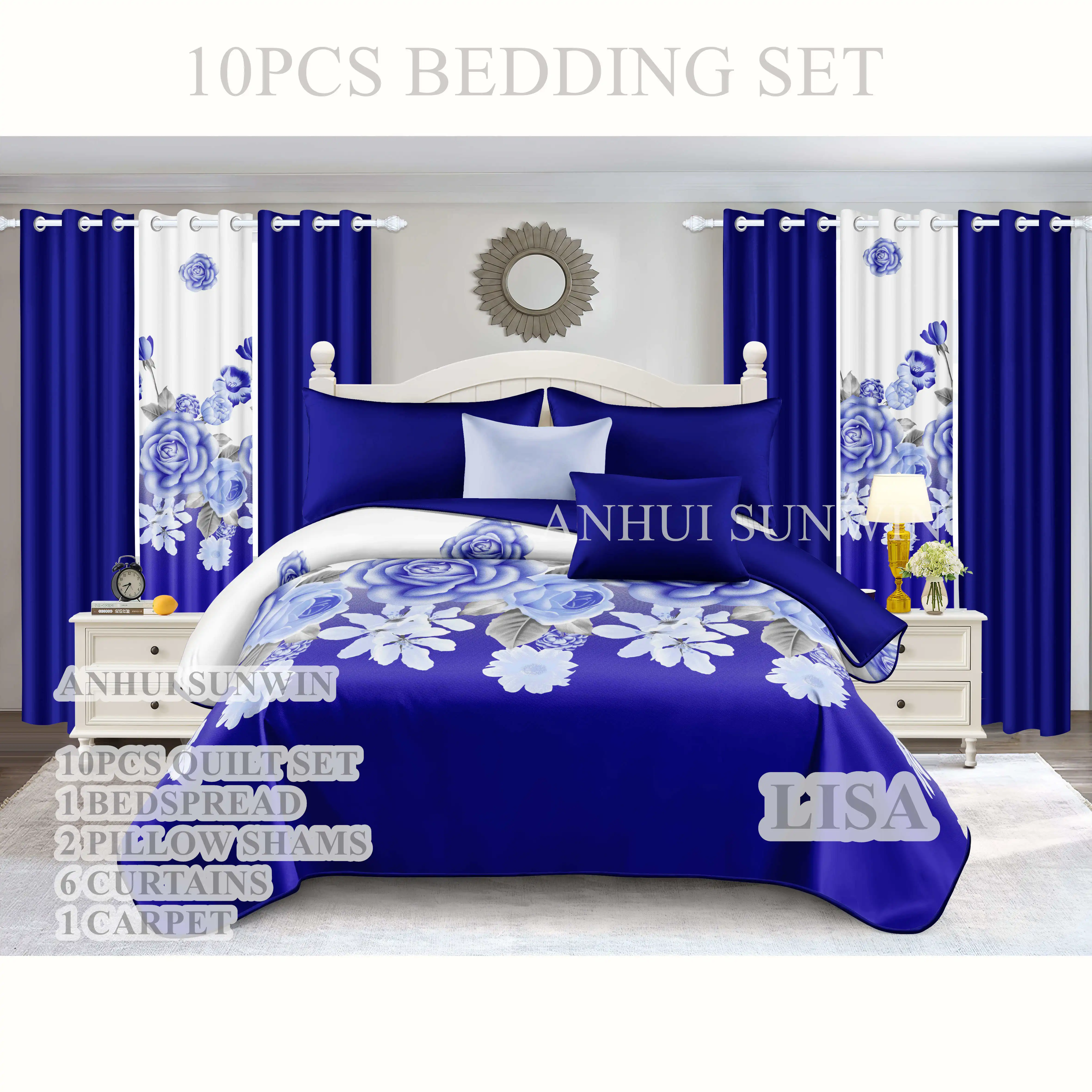 Butterfly print Pink Red blue 3d printed linen blend Custom multi king 10PCS Polyester Curtain bedding Set