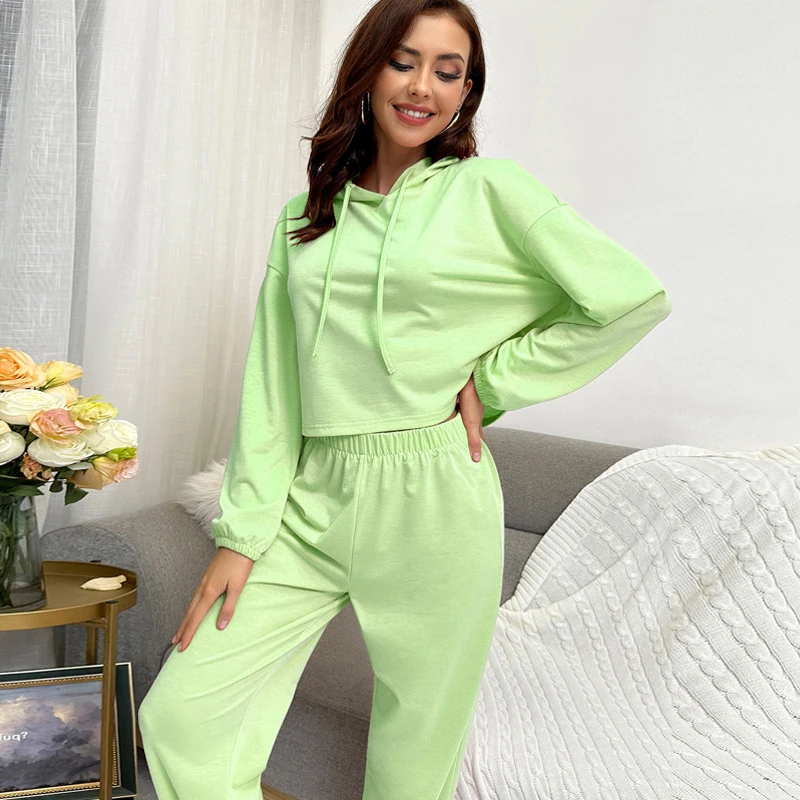 Custom Drop Shoulder Drawstring Hoodie Sweatpants Jogging Sweatshirts Suits Gym crop tops for women Set print logo for spring