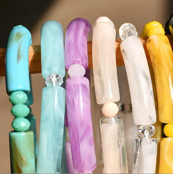 newest fashion women elastic bracelet bincolor glitter acrylic tube bracelet resin bamboo bead Bracelet for girls