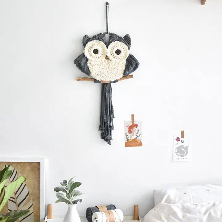 Boho Handmade Woven Macrame Owl Wall Hanging Tapestry Art Decor Office Bedroom Nursery Craft Decorations