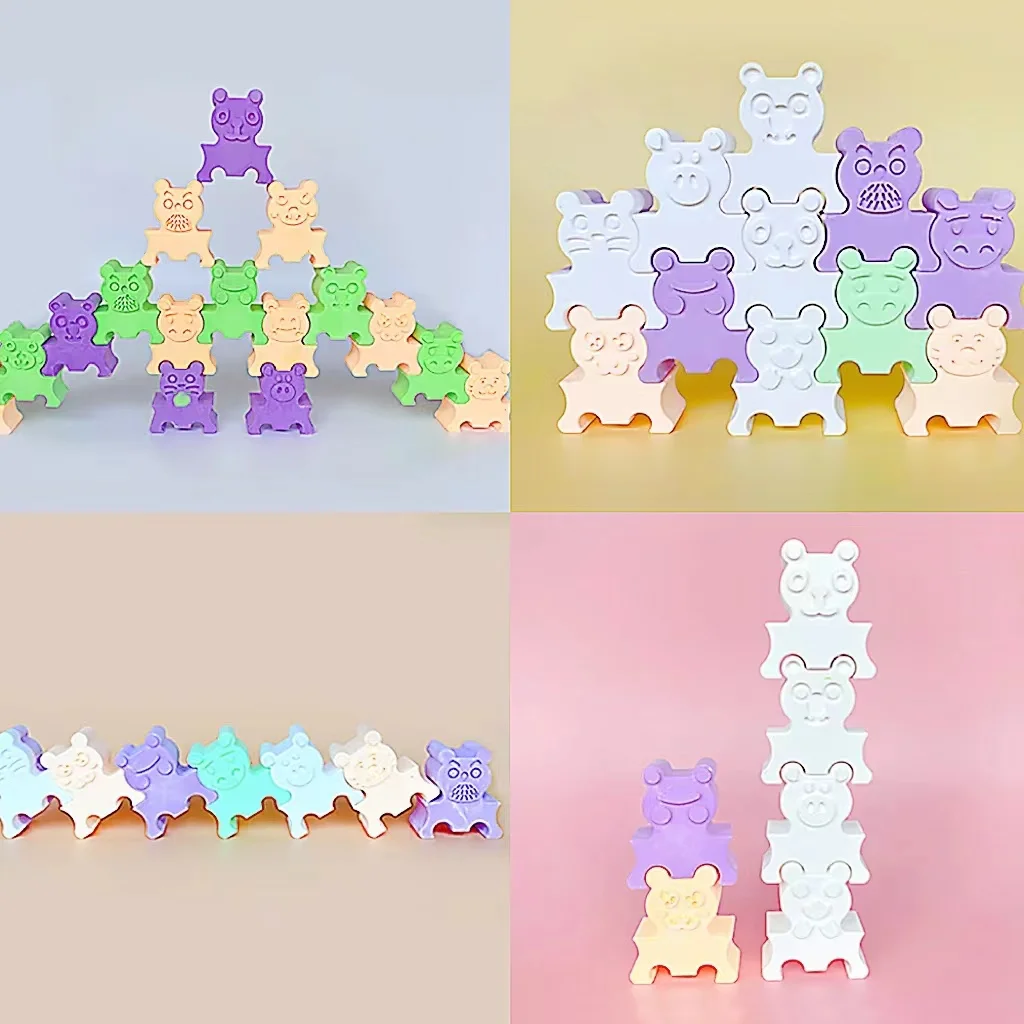 Factory Direct 100% Food Grade 12 Silicone Cute Animal Building Blocks Molds Ceramic Stack Toy Set For Kids Promotion Gift