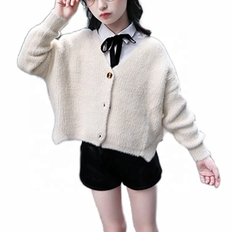 Модный повседневный Детский свитер, милый однобортный Кардиган с V-образным вырезом для девочек, свитер