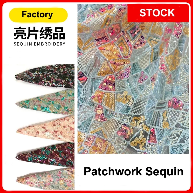 RTS Luxury Patchwork Irregular Geometry Embroidery Sequin Fabric For Dress