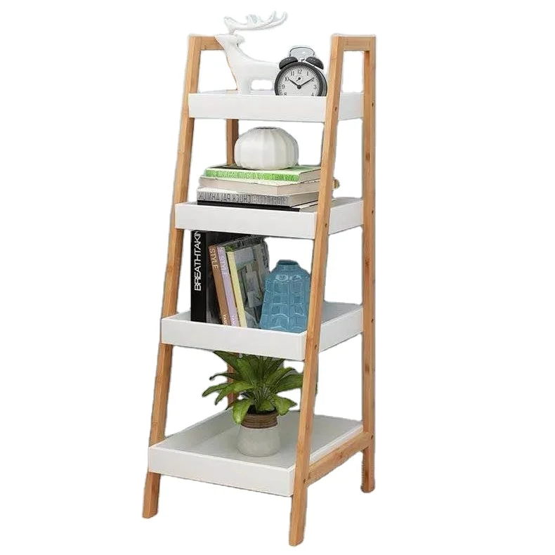 Wholesale supply household wood color 4 tiers living room corner storage shelf