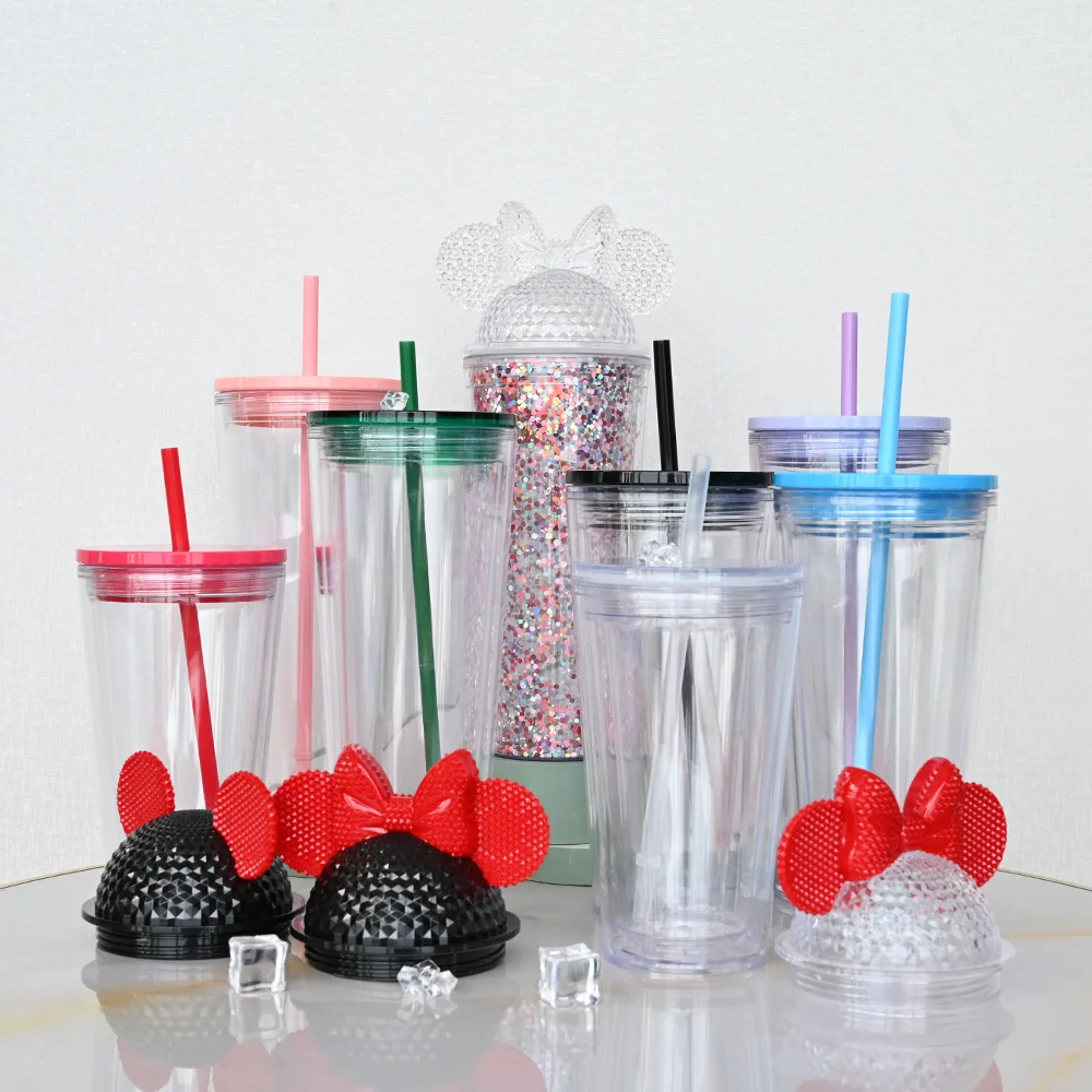 Wholesale double walled wine coffee 22oz 24oz 16oz clear plastic skinny snowglobe tumbler with lids and straws