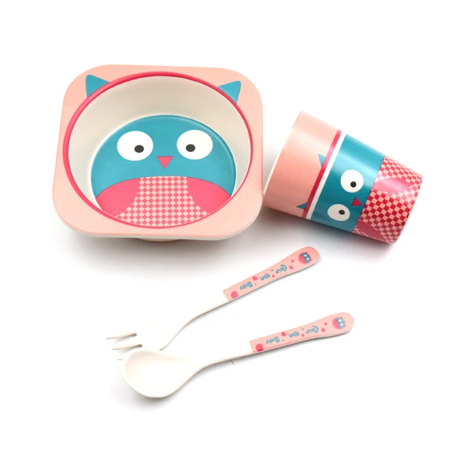 5pcs/set Baby Bamboo Bowl Spoon Fork Feeding Tableware Set Cartoon Animal Bee Kid Dishes Feeding Bowl Dinner Plate