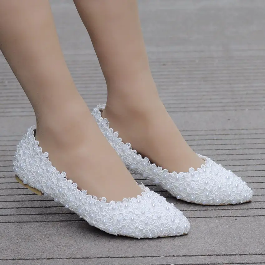 Crystal Queen Ballet Flats White Pearl Lace Wedding Shoes Pointed Toe Women Princess Big Size 43