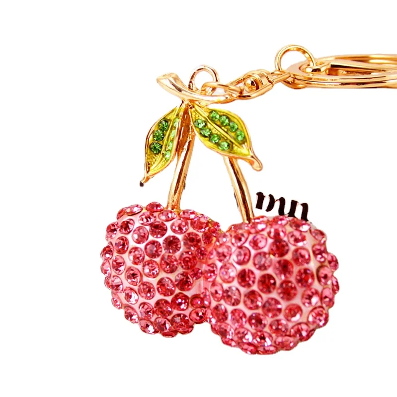 2024New Alloy Cherry Car Keychain 3D Three-dimensional Rhinestone Fruit Keychain Travel Souvenir Company Gift