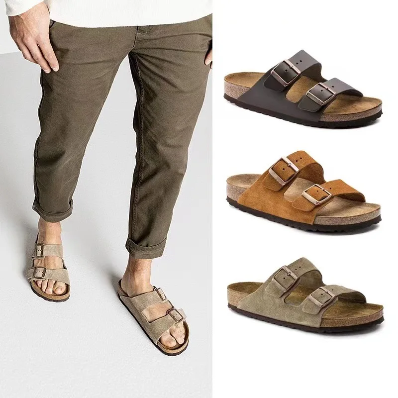 2024 Hot Sale Custom Men Unisex Fashion Cow Suede/Leather Open Toe Clogs Sandals Beach Slides Cork Sole Birken Slipper Women