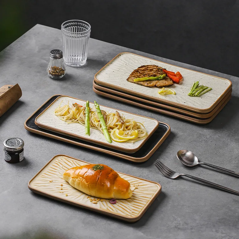 Wholesale 10/12 Inch Ceramic Western Food Plate Rectangle Shape Dessert Plates Japanese Sushi BBQ Tray For Restaurant