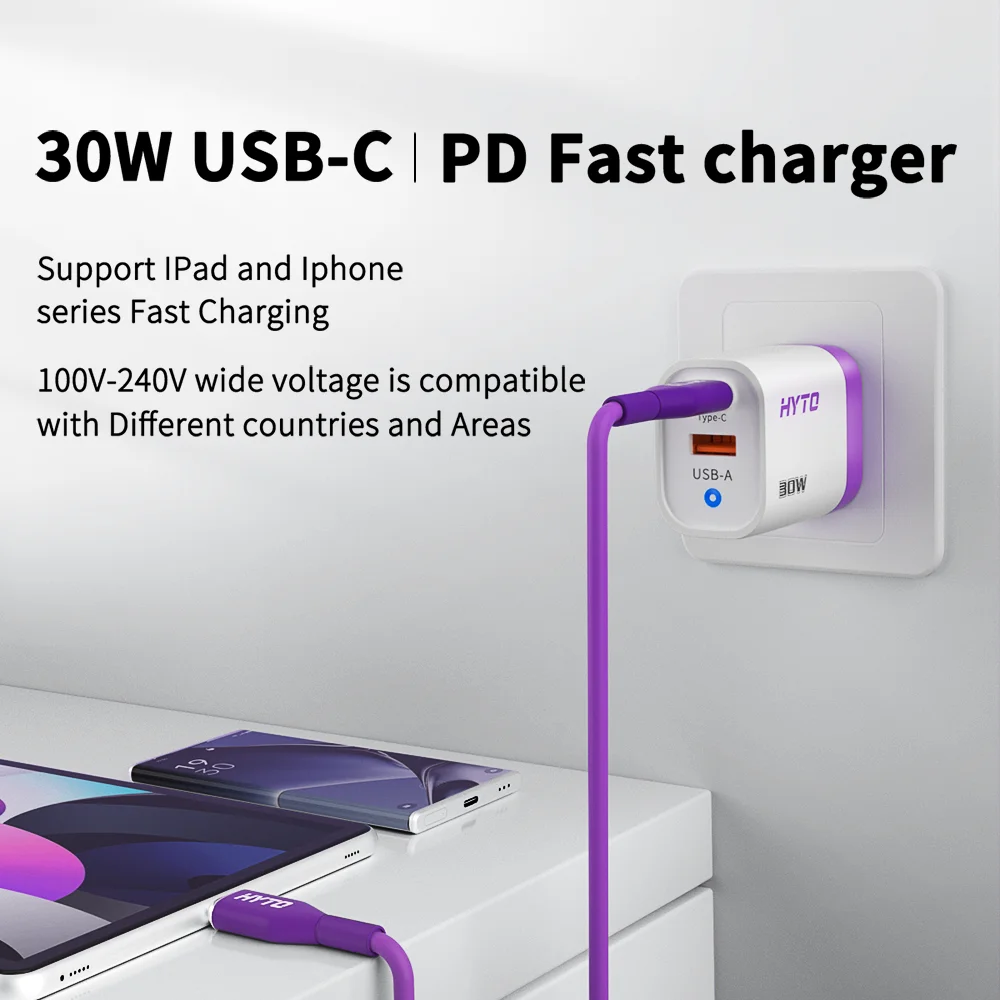 HYTO Y50 30W PD QC3.0 USB Travel Charger QUICK CHARGER PPS Smart Phone EU Plug Type C Wall charger Adapter With 1m Cable