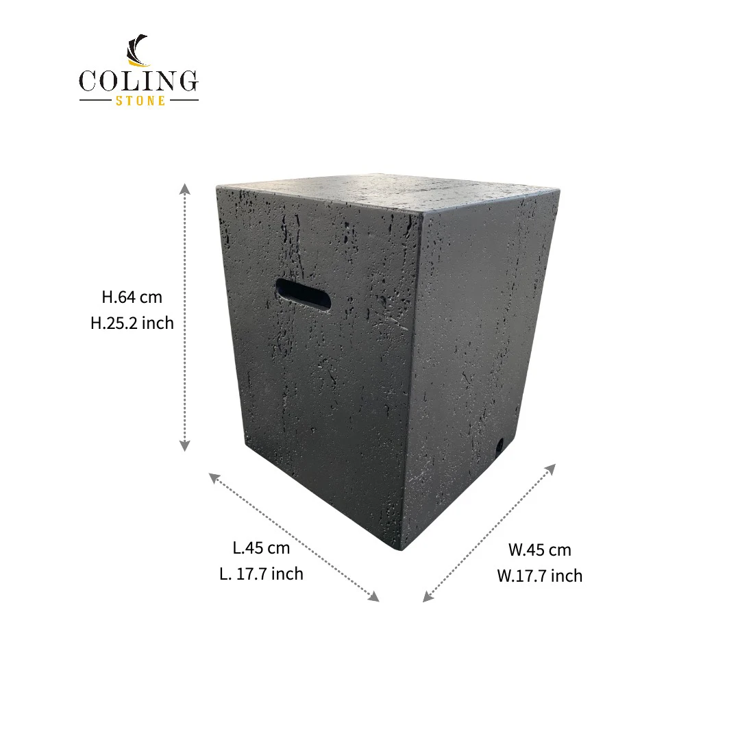 Custom logo Grey Travertine surface Square Fire Pit Gas Tank Cover Storage Box Hidden Gas Bottle Side Table