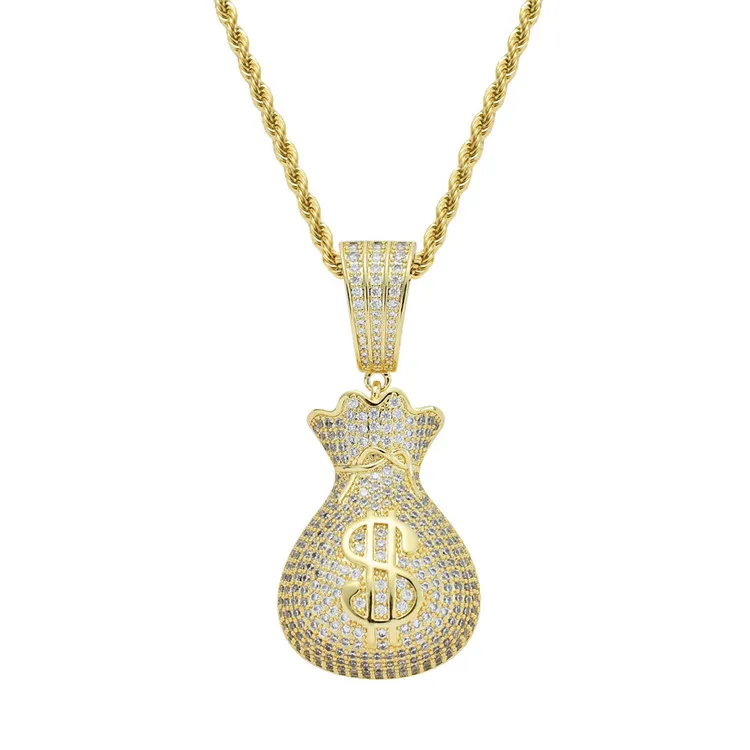 Hot selling 18k gold hip hop Copper inlay zircon diamond necklace money bag pendant for men